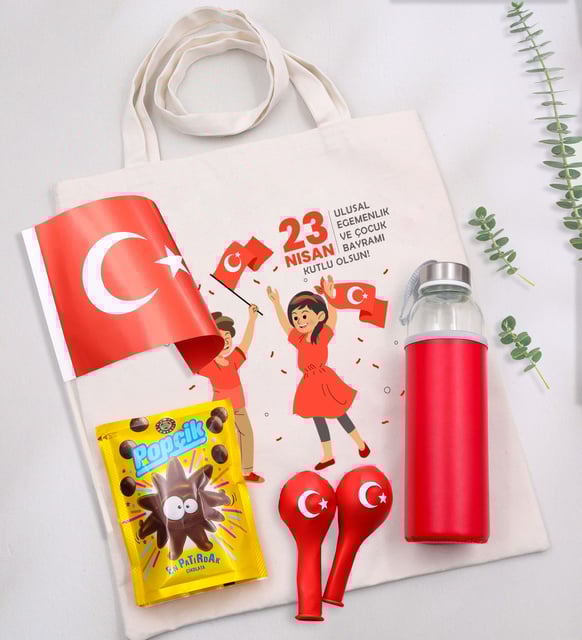 Türk Bayrağı & Balon & Bez Çanta & Matara & Çikolata 23 Nisan Hediye Seti