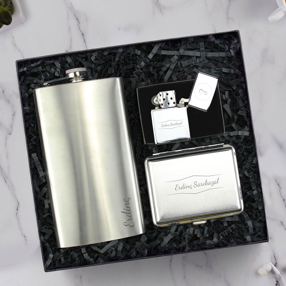 Kişiye Özel Çelik Cep Matarası & Metal Gümüş Renk Tabaka & Zippo Tarzı Çakmak Hediye Seti