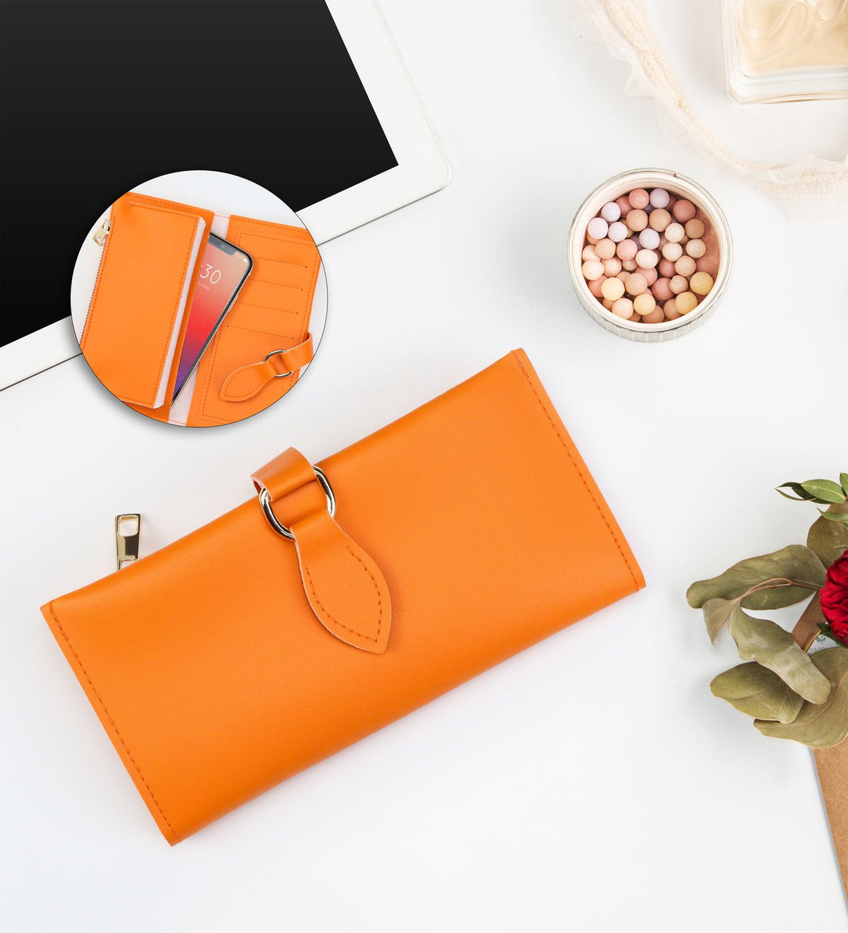 Kadına Özel Turuncu Tasarım Defter & Turuncu Yumuşak Deri Cüzdan & Tasarım Fincan & Eyüp Sabri Tuncer El ve Vücut Kremi Hediye Seti