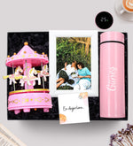 Kişiye Özel Dereceli Göstergeli 450ml Pembe Çelik Termos & Beyaz Ahşap Çerçeve & Pembe Atlı Karınca Müzik Kutusu Hediye Seti