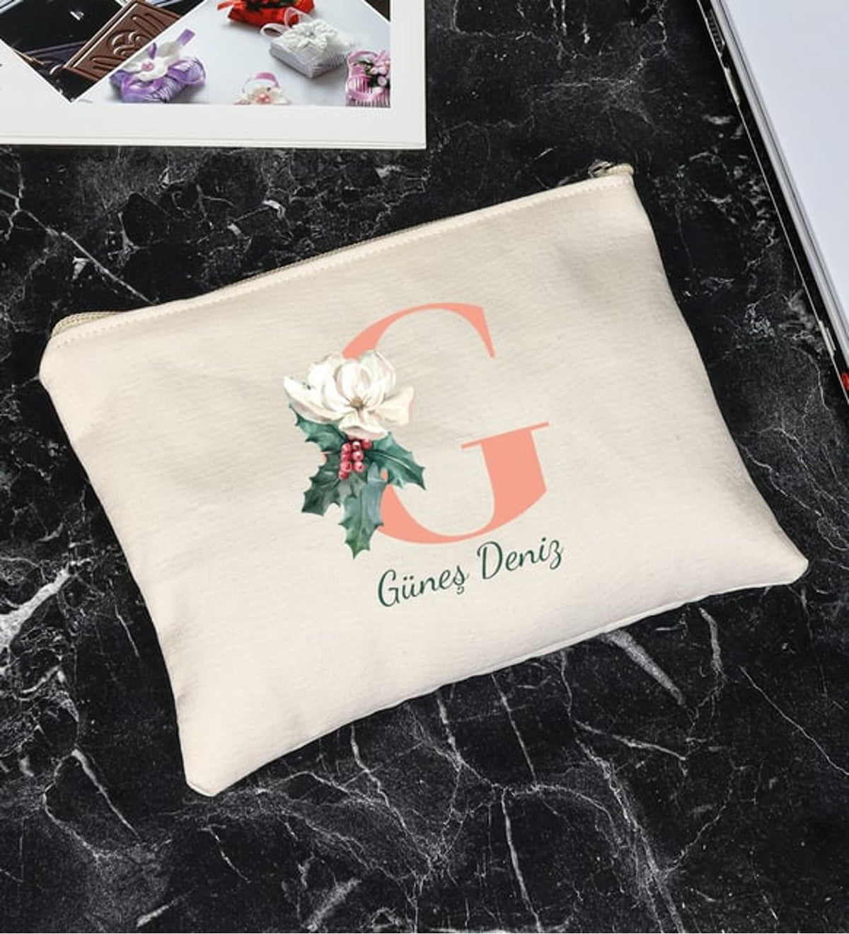 Kişiye Özel El Çantası & Kahverengi Tasarım Fular & Kolye Hediye Seti