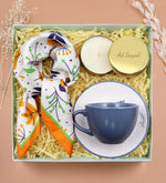 Kişiye Özel Gold Metal Kutulu Mum & Fincan & Turuncu Fular Hediye Seti