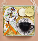 Kişiye Özel Gold Metal Kutulu Mum & Fincan & Turuncu Fular Hediye Seti