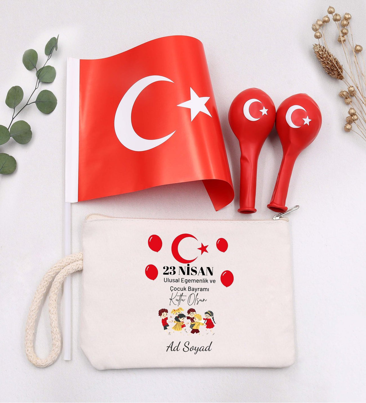 Kişiye Özel Bez Çanta & 2'li Balon &Türk Bayrağı 23 Nisan Hediye Seti