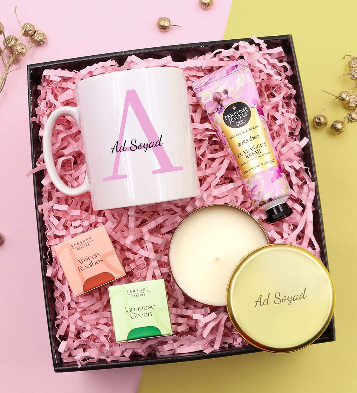 Kişiye Özel Harf Baskılı Kupa & Eyüp Sabri Tuncer El ve Vücut Kremi & Gold Metal Kutulu Mum & 2'li Teashop Bitki Çayı Hediye Seti