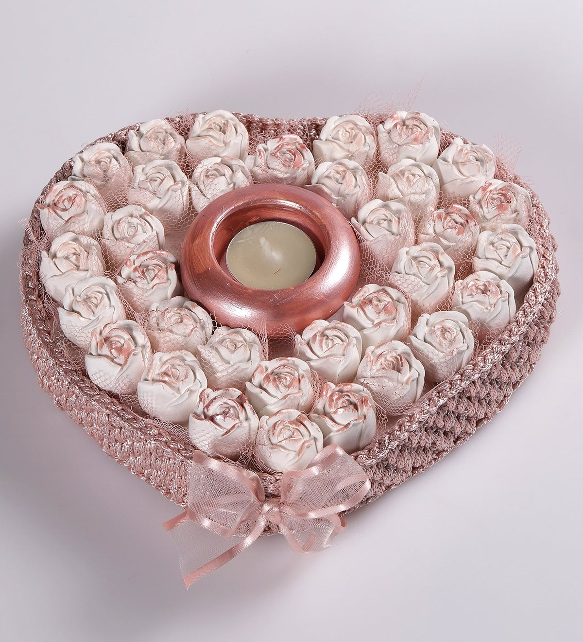 Pembe Kalp Örgü Sepette Tealight Mumluk Kokulu Taş Dekoratif Hediyelik