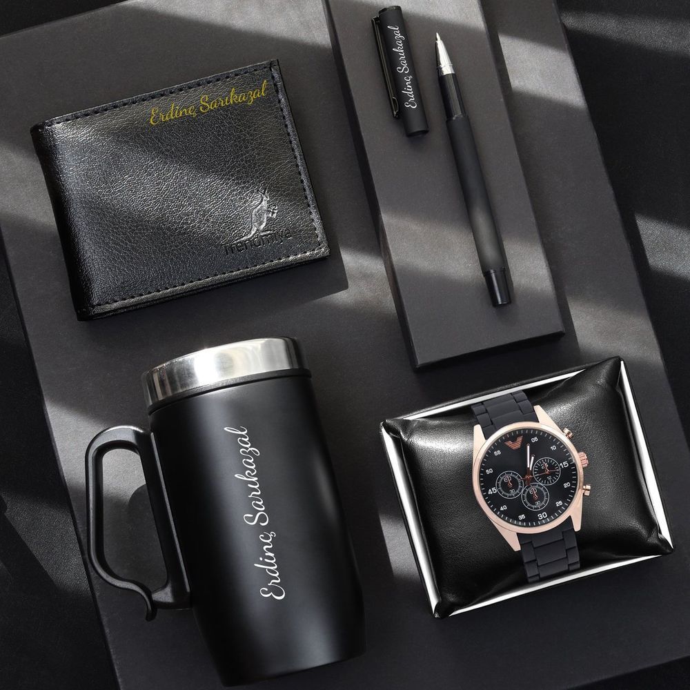 Kişiye Özel Kulplu 280 ML Çelik Termos & Siyah Cüzdan & Mat Roller Kalem & Spectrum Armani Tarzı Siyah Rose Renk Silikon Kordon Erkek Kol Saati Hediye Seti