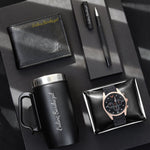 Kişiye Özel Kulplu 280 ML Çelik Termos & Siyah Cüzdan & Mat Roller Kalem & Spectrum Armani Tarzı Siyah Rose Renk Silikon Kordon Erkek Kol Saati Hediye Seti