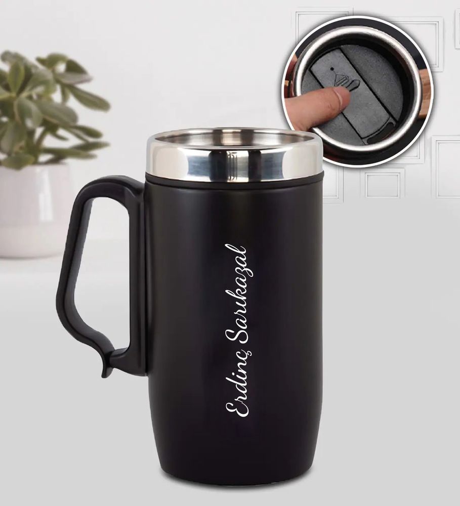 Kişiye Özel Kulplu 280 ML Çelik Termos & Siyah Cüzdan & Mat Roller Kalem & Spectrum Armani Tarzı Siyah Rose Renk Silikon Kordon Erkek Kol Saati Hediye Seti