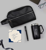 Kişiye Özel Kulplu 280 ML Çelik Termos & Siyah Suni Deri Erkek El Çantası & Siyah Mat Roller Kalem Hediye Seti