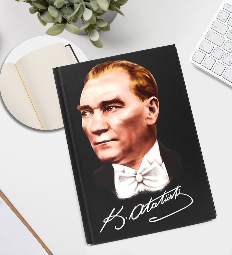 Kişiye Gümüş Detaylı Beyaz Tükenmez Kalem & Mustafa Kemal Atatürk Resimli Defter & Siyah Mat Kupa & Siyah Mat Fincan Hediye Seti
