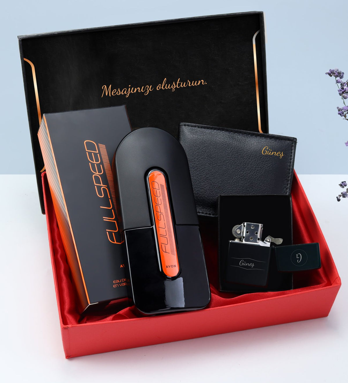 Kişiye Özel Kutusunda Siyah Erkek Cüzdan & Zippo Tarzı Çakmak & Avon Full Speed Erkek Parfüm Hediye Seti