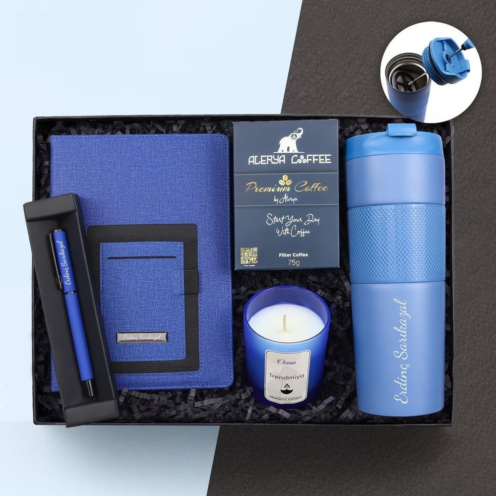 Kişiye Özel Mavi French Pressli Çelik Termos & Telefon Cepli Mavi Defter & Mavi Roller Kalem &Okyanus Kokulu Bardak Mum & Alerya Premium Filtre Kahve Hediye Seti