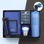 Kişiye Özel Mavi French Pressli Çelik Termos & Telefon Cepli Mavi Defter & Mavi Roller Kalem &Okyanus Kokulu Bardak Mum & Alerya Premium Filtre Kahve Hediye Seti