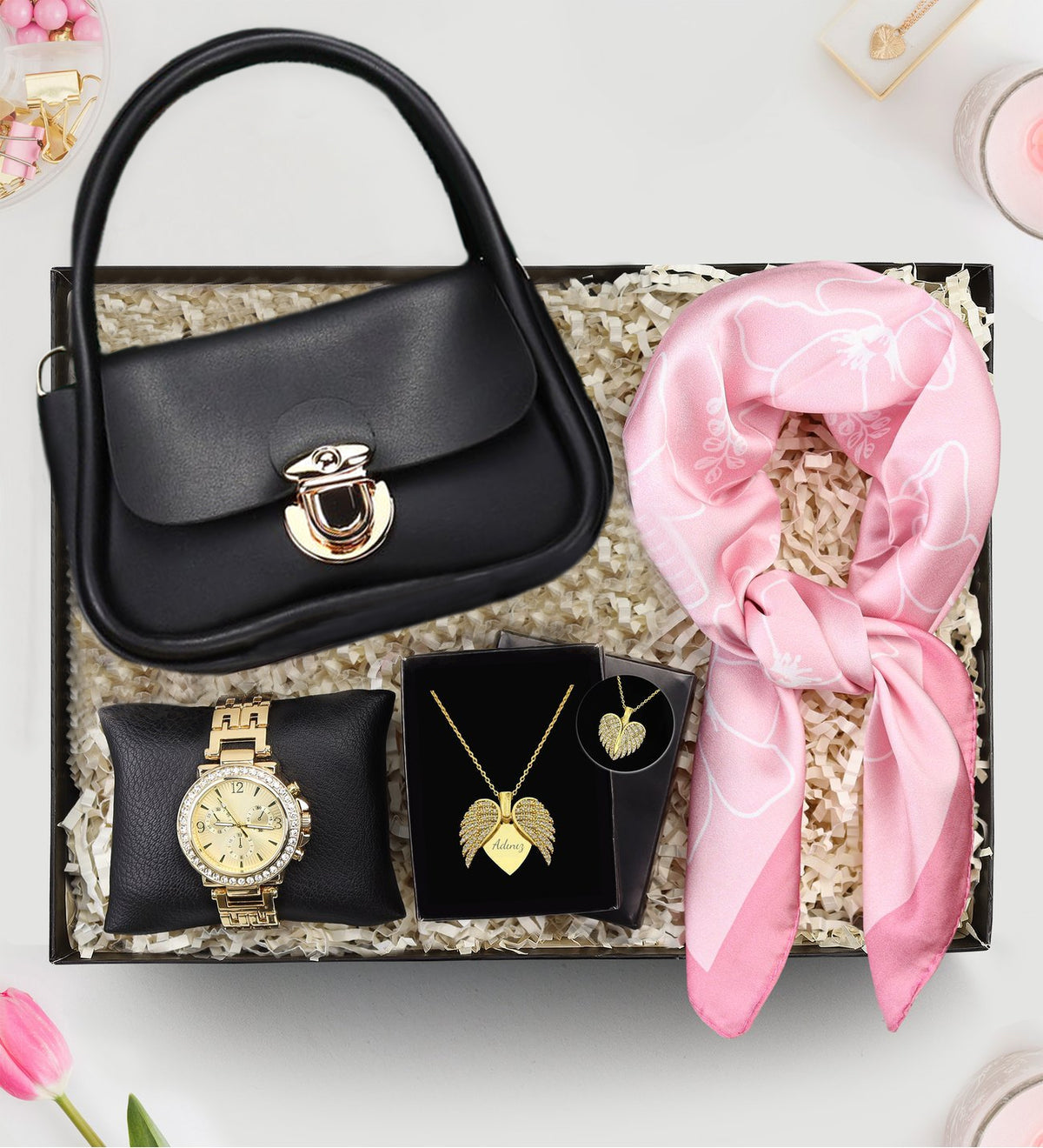 Melek Kanatlı Kolye & Kadın Çanta & Kadın Kol Saati & Pembe Fular Hediye Seti