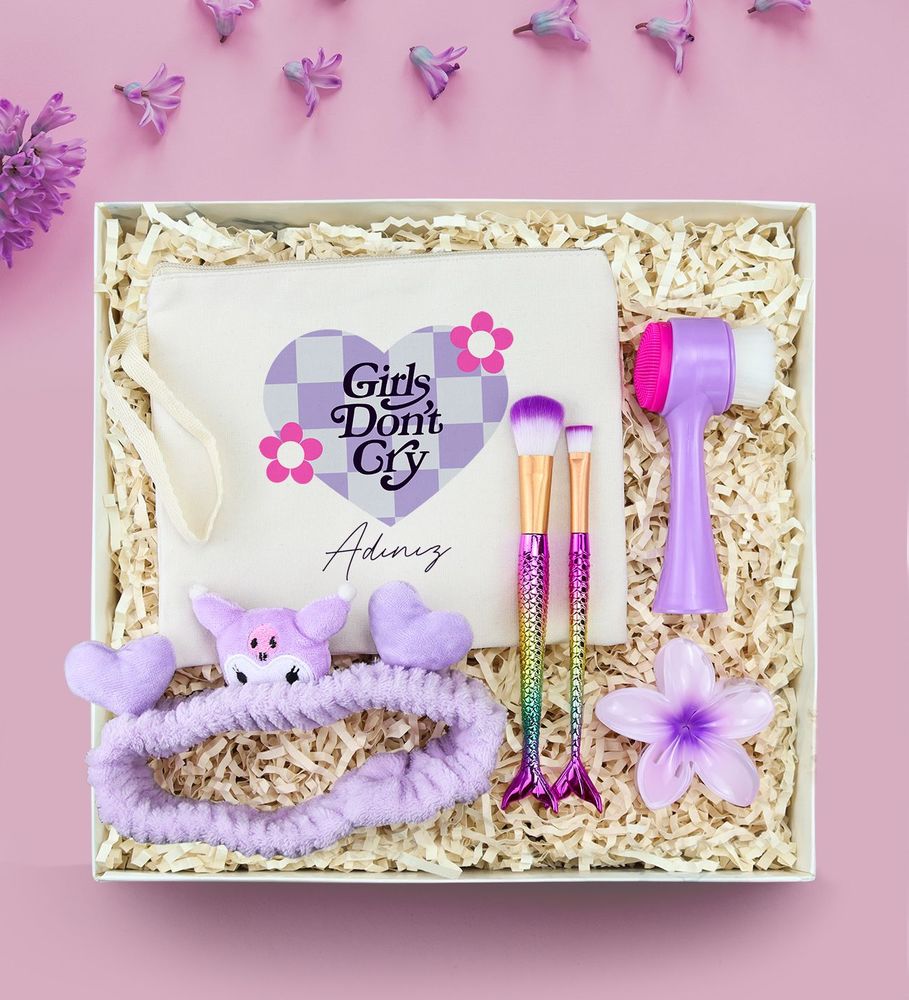 Kişiye Özel Motto Ham Bez Çanta & 2'li Makyaj Fırçası & Çift Taraflı Yüz Temizleme Fırçası & Lotus Mandal Toka & Peluş Saç Bandı Hediye Seti