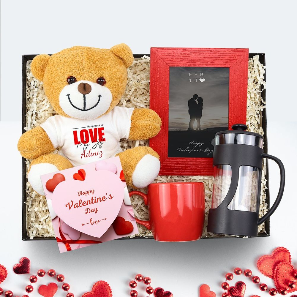 Kişiye Özel Peluş Ayıcık & Kişiye Özel Kırmızı Çerçeve & Siyah French Press & Kırmızı Kupa Hediye Seti