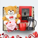 Kişiye Özel Peluş Ayıcık & Kişiye Özel Kırmızı Çerçeve & Siyah French Press & Kırmızı Kupa Hediye Seti