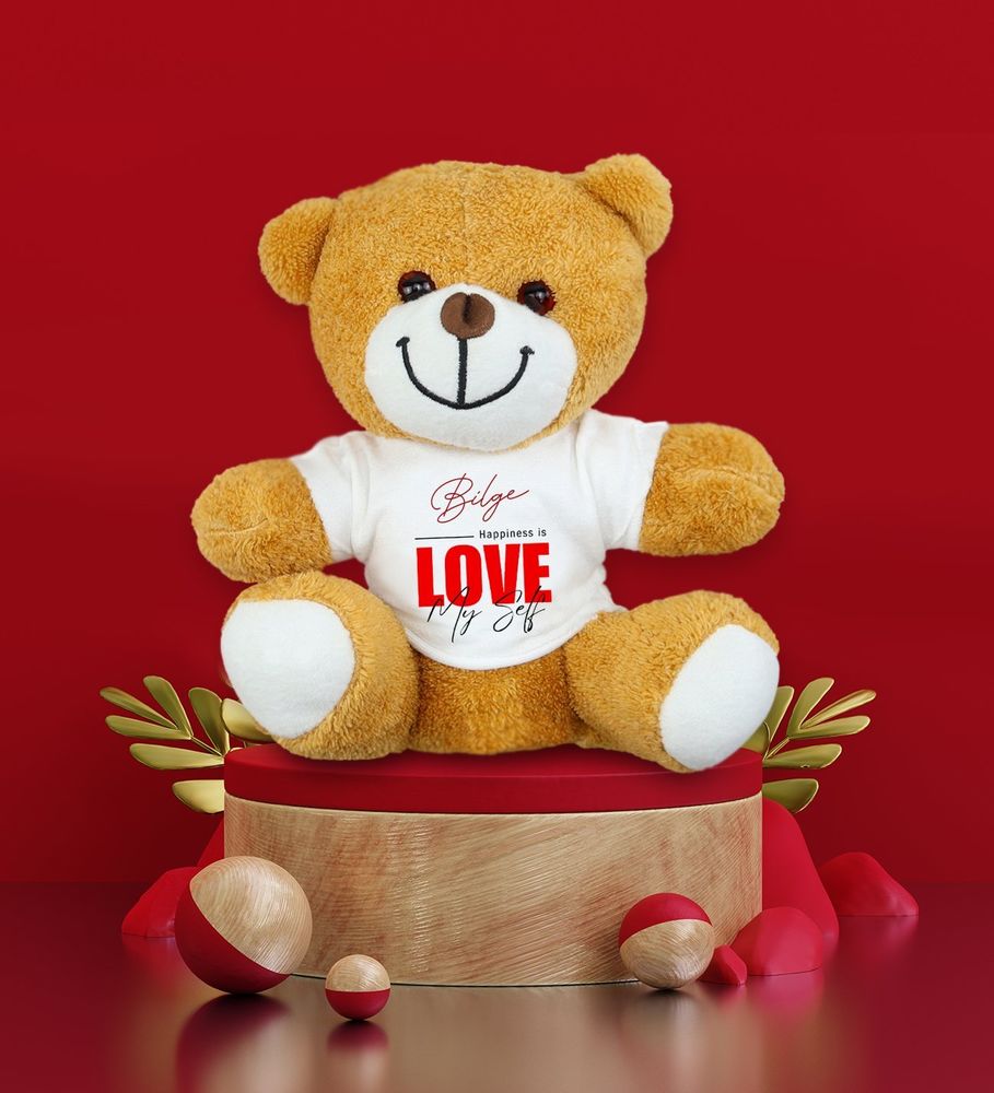 Kişiye Özel Peluş Ayıcık & Kişiye Özel Kırmızı Çerçeve & Siyah French Press & Kırmızı Kupa Hediye Seti