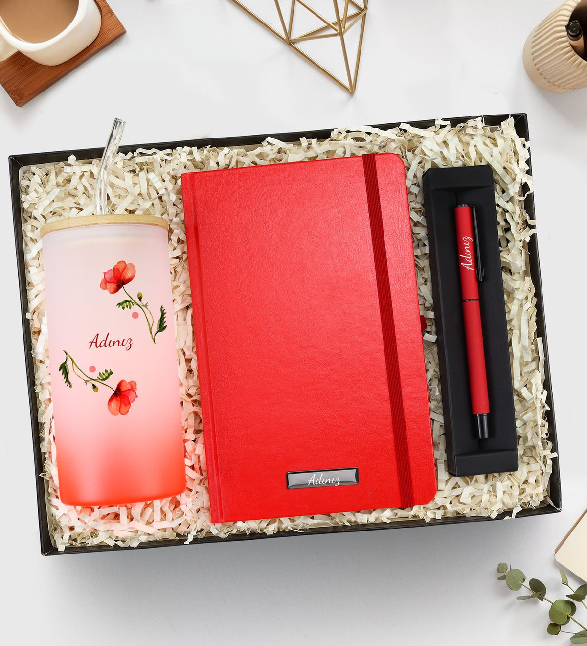 Pipetli Buzlu Cam Bardak & Kalem & Kırmızı Defter Hediye Seti