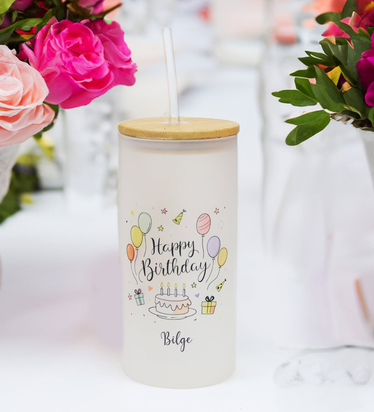 Kişiye Özel Pipetli Buzlu Cam Bardak & Pembe İnstagram Çerçeve & Pembe Bubble Mum & Renkli Balık Figürlü Kolye Doğum Günü Hediye Seti