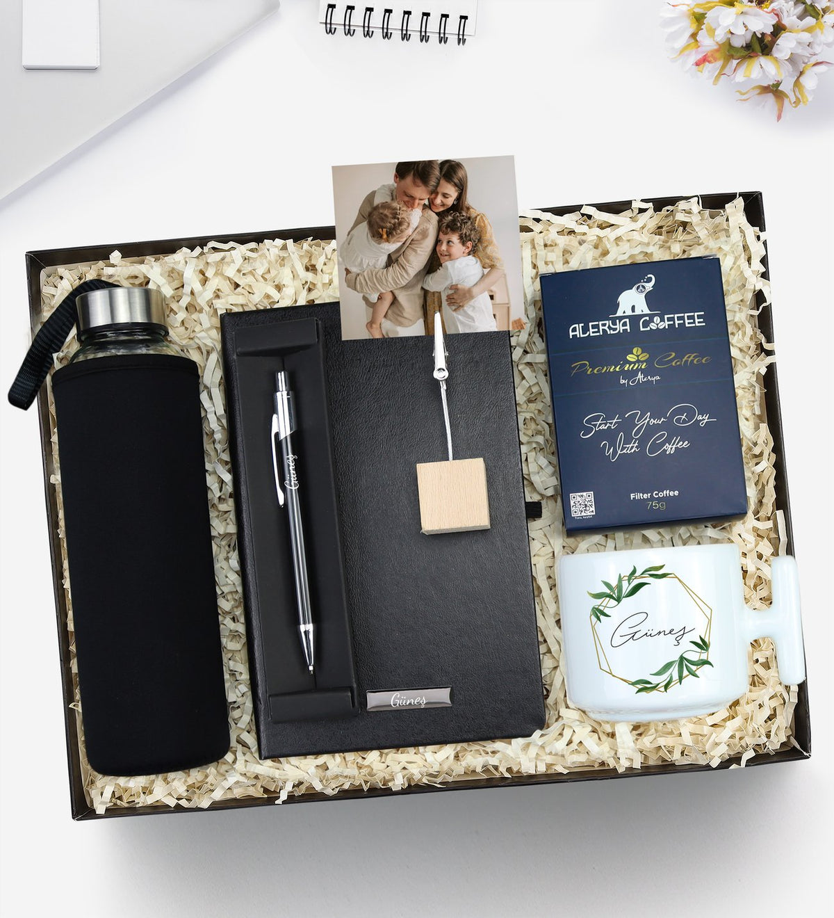 Siyah Defter & Cam Matara & Tükenmez Kalem & Tutucu & T Kupa & Filtre Kahve & Fotoğraf Hediye Seti