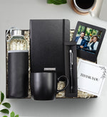 Kişiye Özel Siyah Defter & Siyah Touchpen & Siyah Kupa & Deri Kılıflı 500 Ml Cam Matara & İnstagram Çerçeve Hediye Seti