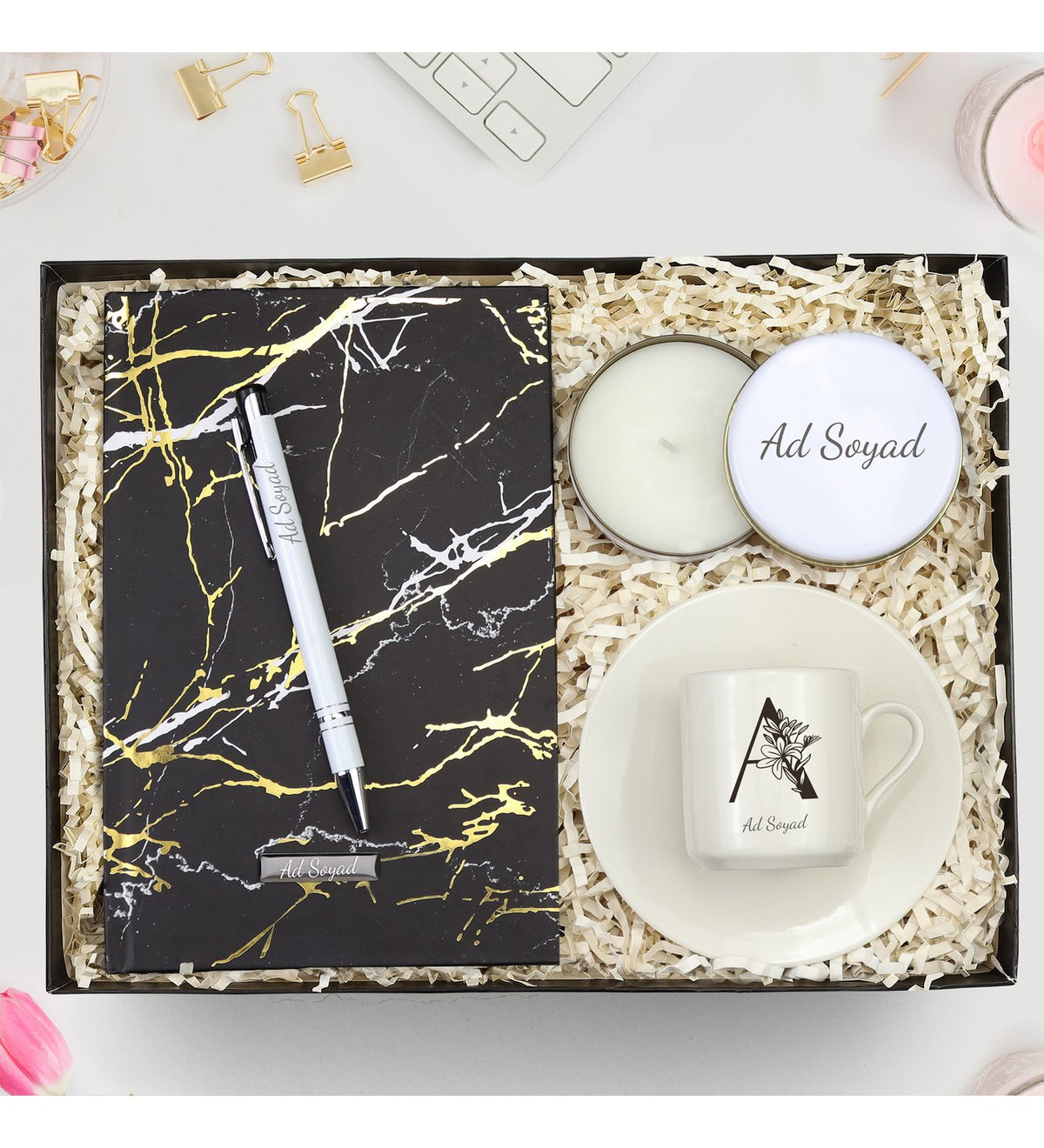 Mermer Desen Defter & Mum & Beyaz Tükenmez Kalem & Özel Harfli Fincan Hediye Seti