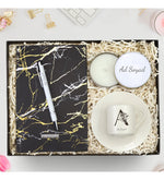 Mermer Desen Defter & Mum & Beyaz Tükenmez Kalem & Özel Harfli Fincan Hediye Seti
