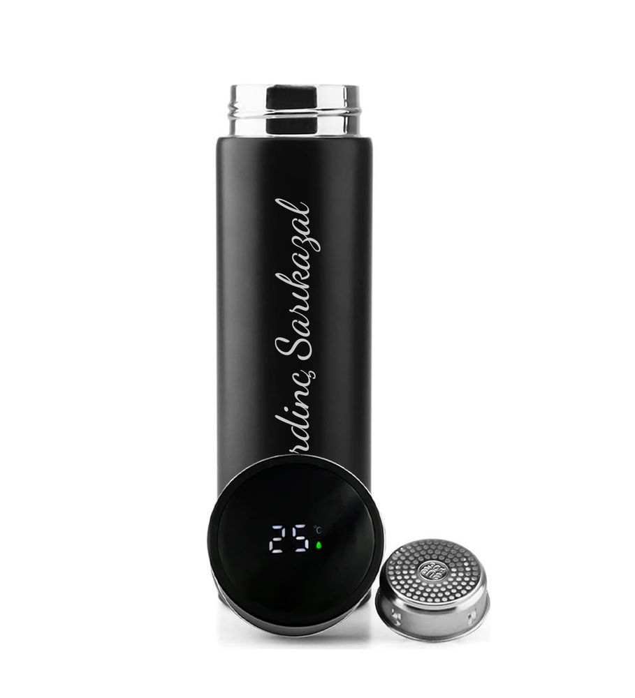 Kişiye Özel Siyah Renk 500 ML Dereceli Termos & Siyah Defter & Gümüş Detaylı Metalik Tükenmez Kalem & Siyah Mat Kupa & Godiva Napoliten Çikolata Hediye Seti