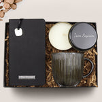 Kişiye Özel Siyah Yumuşak Kapaklı Not Defteri & Siyah Çizgili Porselen Kupa & Siyah Metal Kutulu Mum Hediye Seti