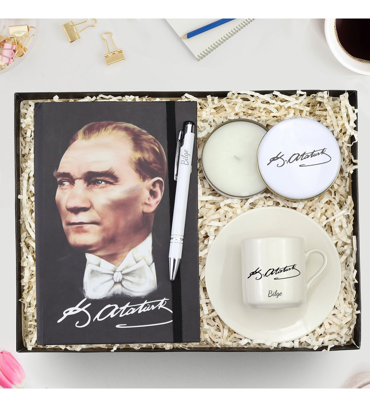 Kişiye Özel Tasarım Defter & Beyaz Metal Kutulu Mum & Fincan Hediye Seti