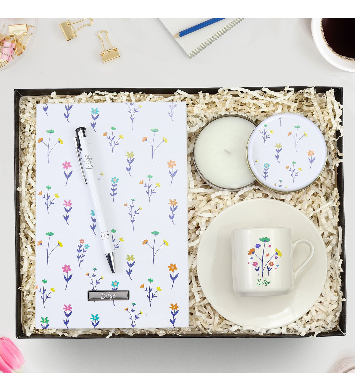 Kişiye Özel Tasarım Defter & Beyaz Metal Kutulu Mum & Fincan Hediye Seti