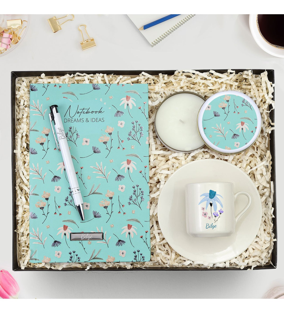 Kişiye Özel Tasarım Defter & Beyaz Metal Kutulu Mum & Fincan Hediye Seti