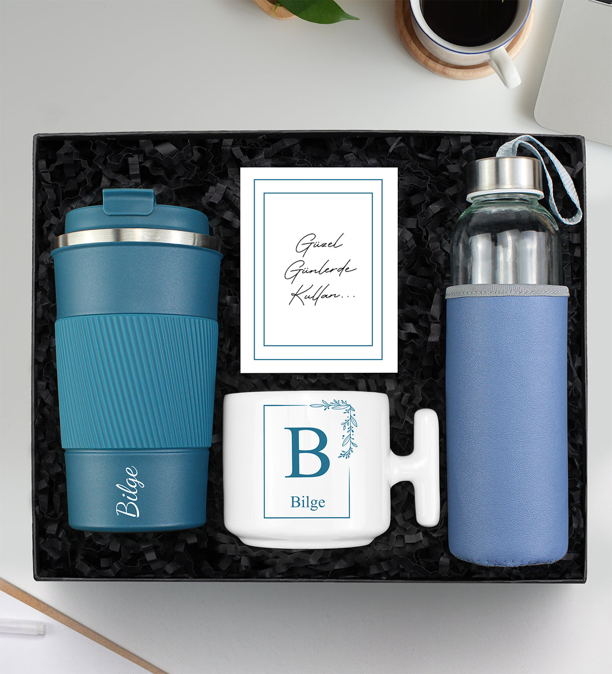 Kişiye Özel Tasarım T Kupa & Mavi 500 Ml Çelik Termos & Özel Deri Kılıflı 500 ML Mavi Su Matarası Hediye Seti