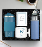 Kişiye Özel Tasarım T Kupa & Mavi 500 Ml Çelik Termos & Özel Deri Kılıflı 500 ML Mavi Su Matarası Hediye Seti