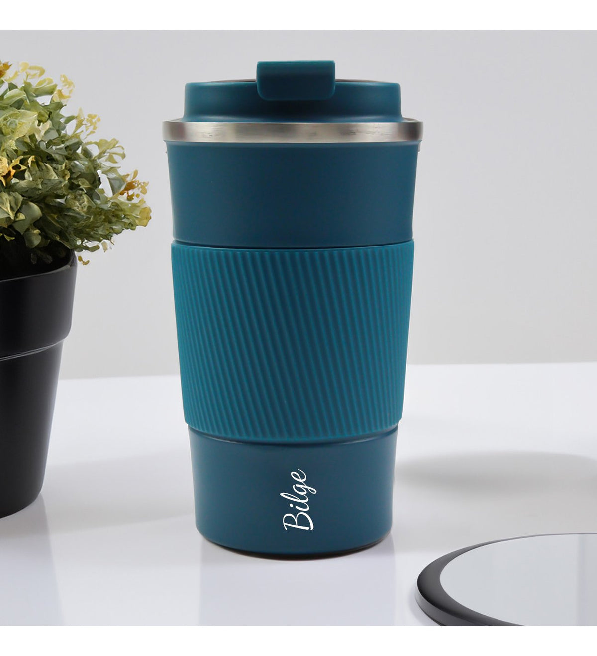 Kişiye Özel Tasarım T Kupa & Mavi 500 Ml Çelik Termos & Özel Deri Kılıflı 500 ML Mavi Su Matarası Hediye Seti