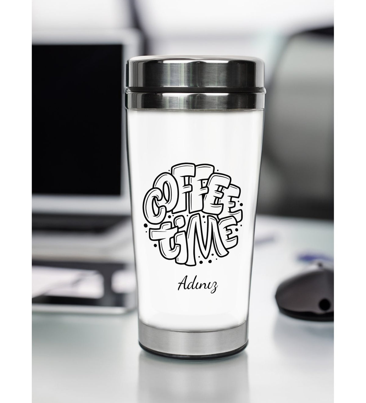 Çelik Termos & Mermer Desenli Defter & Kalem & Bardak Mum Hediye Seti