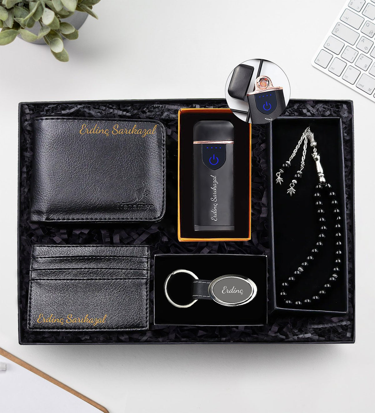 Elektronik Çakmak & Siyah Kartlık & Siyah Cüzdan & Anahtarlık & Siyah Tesbih Hediye Seti
