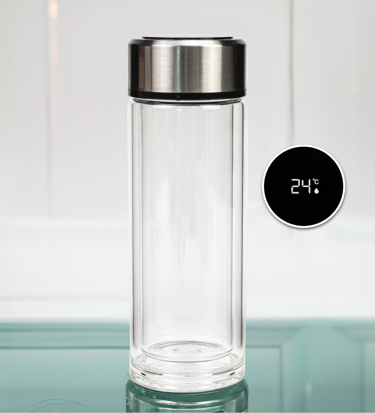 Kişiye Özel Yeşil Tasarım Defter & Derece Göstergeli Çift Cidarlı 300ml Cam Matara & Gümüş Renk Detaylı Beyaz Tükenmez Kalem & T Kupa Hediye Seti