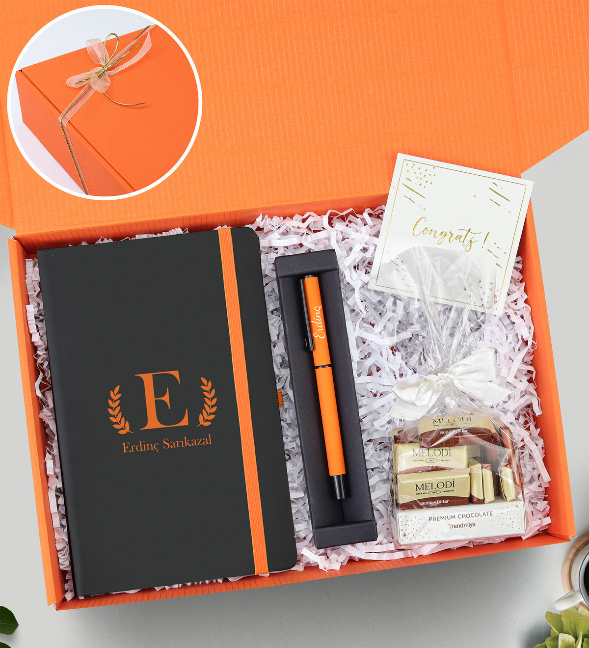 Baskılı Defter & Turuncu Roller Kalem & Premium Çikolata Hediye Seti