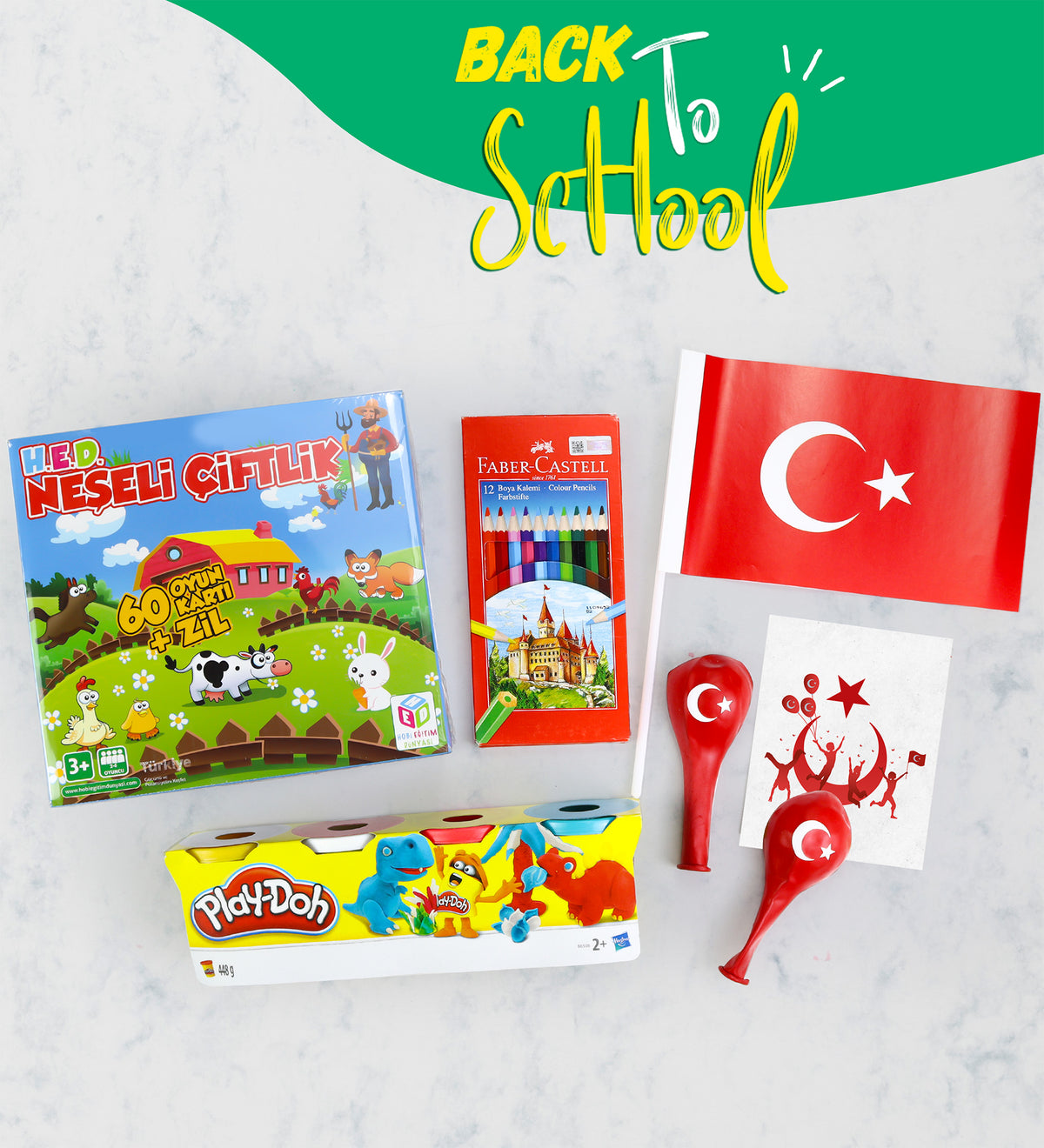 Neşeli Çiftli Oyunu & Faber Castell Kuru Boya & Play-Doh Oyun Hamuru & Bayrak & 2'li Balon Hediye Seti