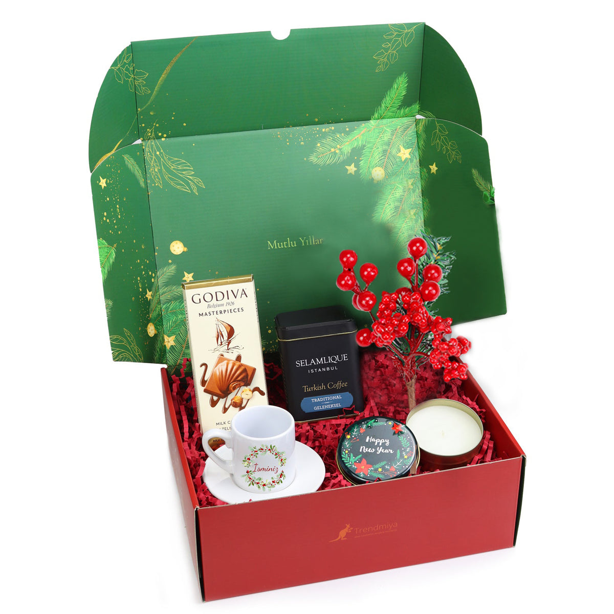 Yılbaşına Özel Tasarım Fincan & Kokina Çiçek & Godiva Çikolata & Türk Kahvesi & Mum Hediye Seti