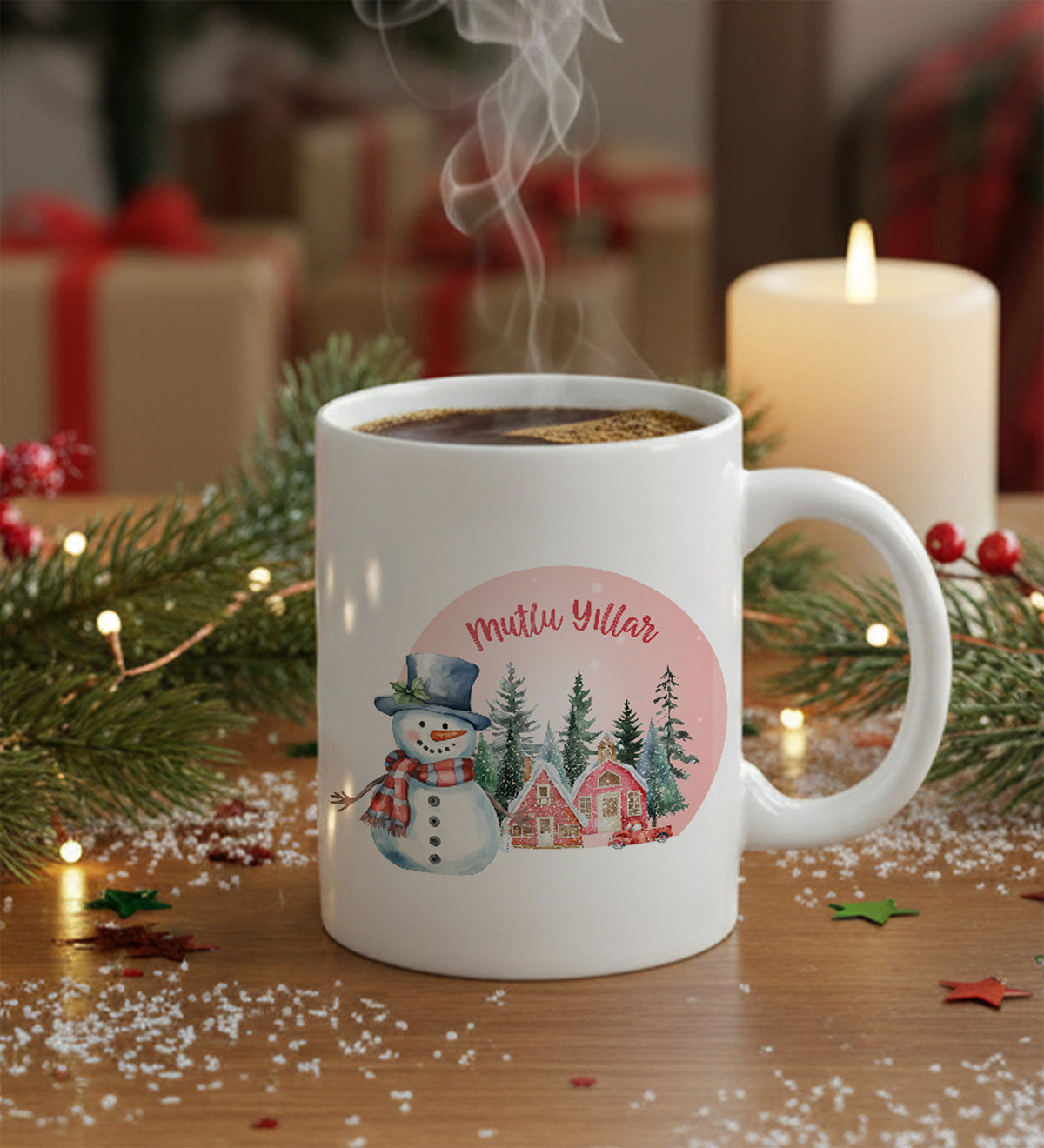 Çam Ağacı Mum & Baskılı Kupa & Yılbaşı Çorabı Hediye Seti