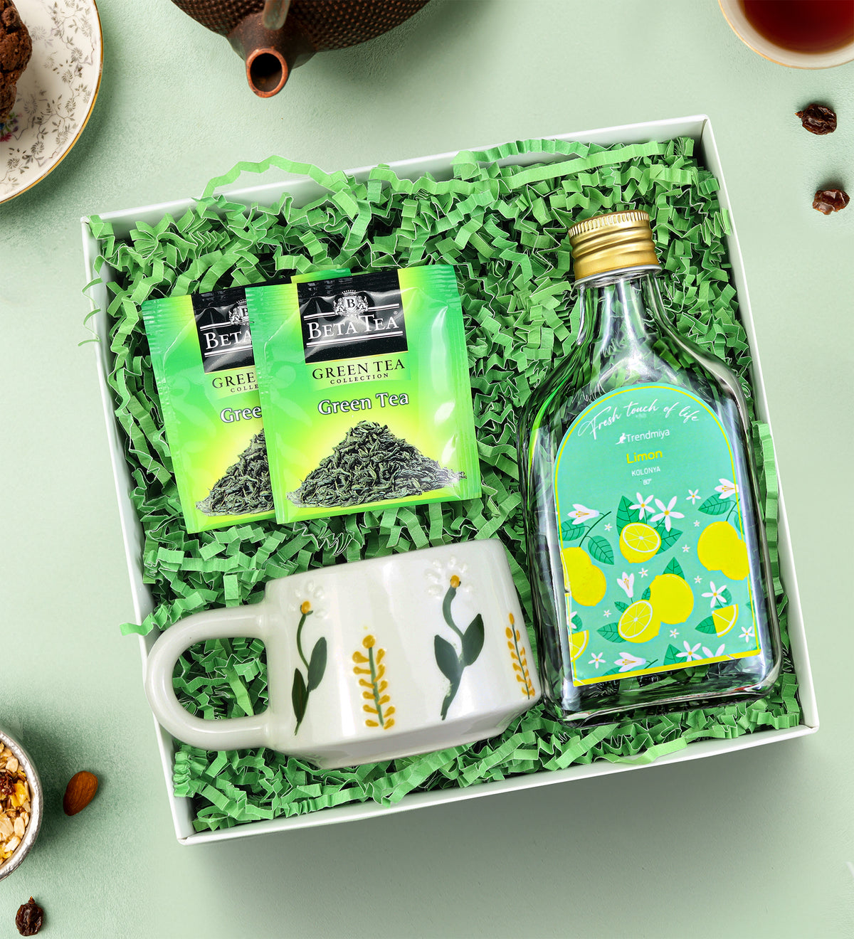 El Yapımı Kupa & 200ml Limon Kolonyası & Bitki Çayı Hediye Seti