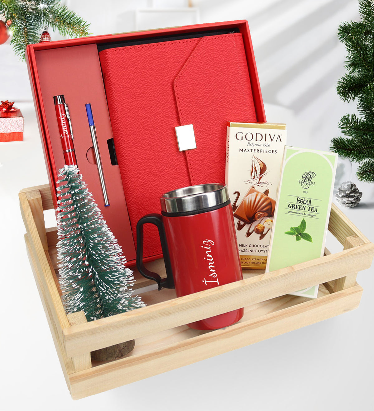 Ahşap Kasalı Kırmızı Yılbaşı Hediye Seti