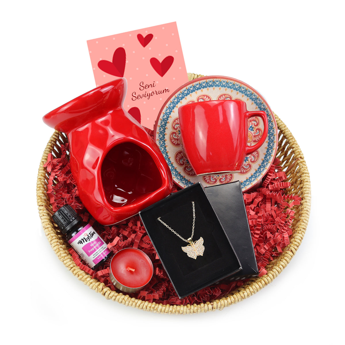 Kişiye Özel Kolye & Buhurdanlık ve Esansı & Kahve Fincanı Hediye Sepeti