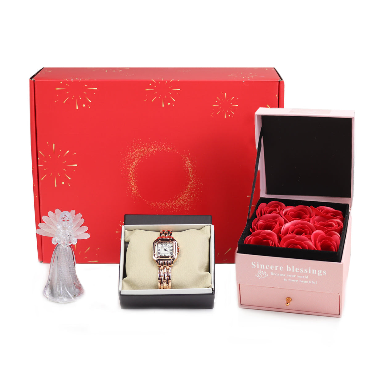 Gül Kutusu & Işıklı Melek Biblo & Rose Kadın Saati Hediye Seti
