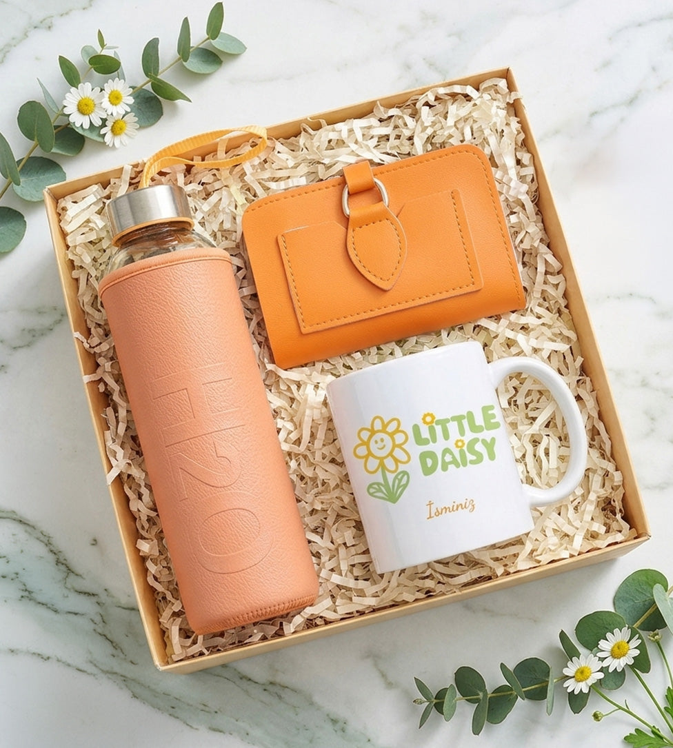 Kişiye Özel Kupa & Matara & Turuncu Cüzdan Hediye Seti