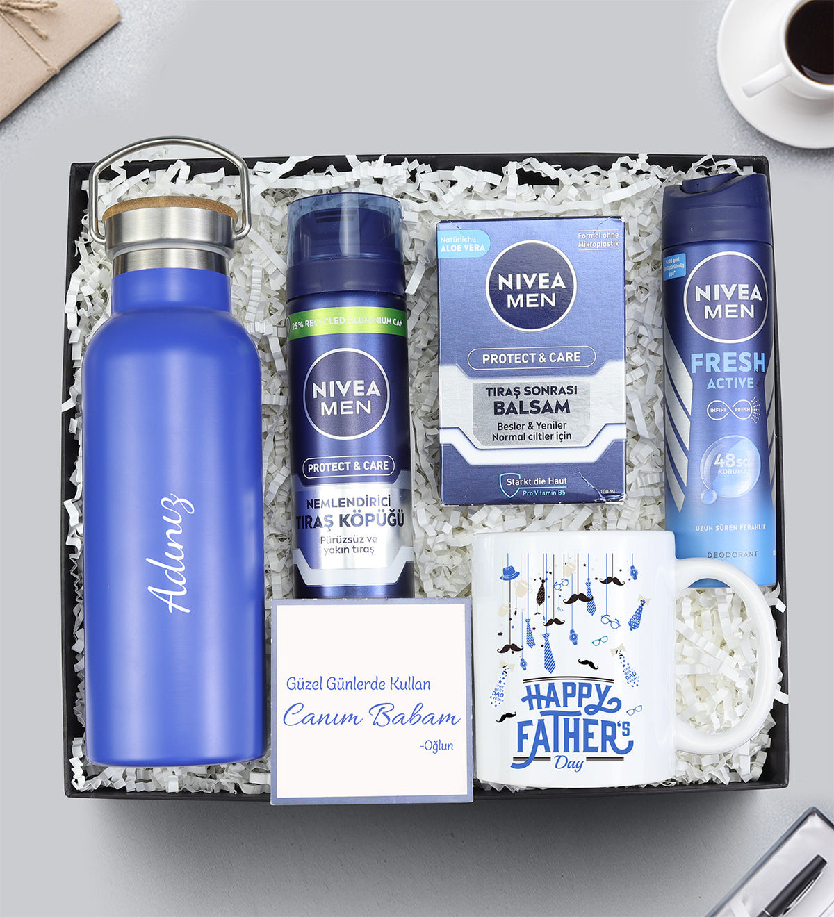 600 ML Çelik Termos Matara & Nivea Men Tıraş Köpüğü & Nivea Balsam & Nivea Deodorant & Babalar Günü Kupa Hediye Seti